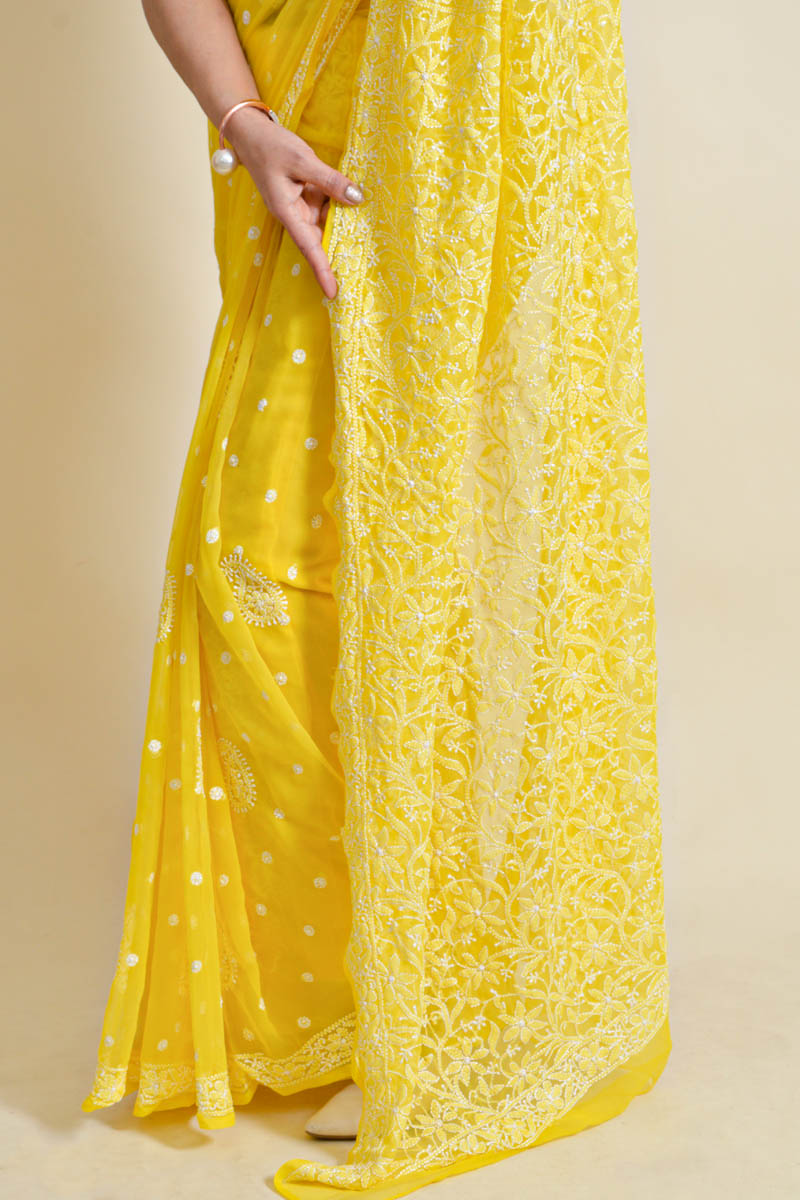 Fabnuma Handcrafted Yellow Georgette Chikankari Saree-Blouse - Fabnuma