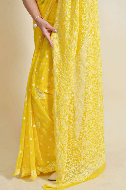 Fabnuma Handcrafted Yellow Georgette Chikankari Saree-Blouse - Fabnuma
