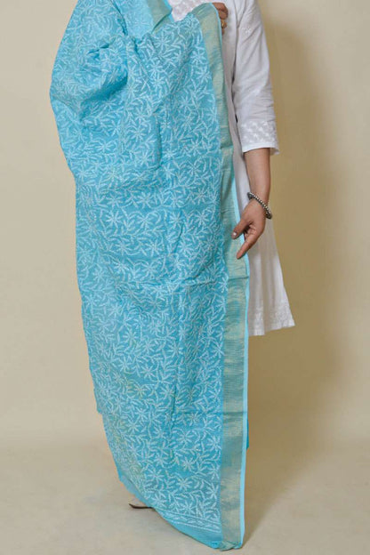 Fabnuma Handcrafted Sky Blue Kota Cotton Chikankari Dupatta - Fabnuma