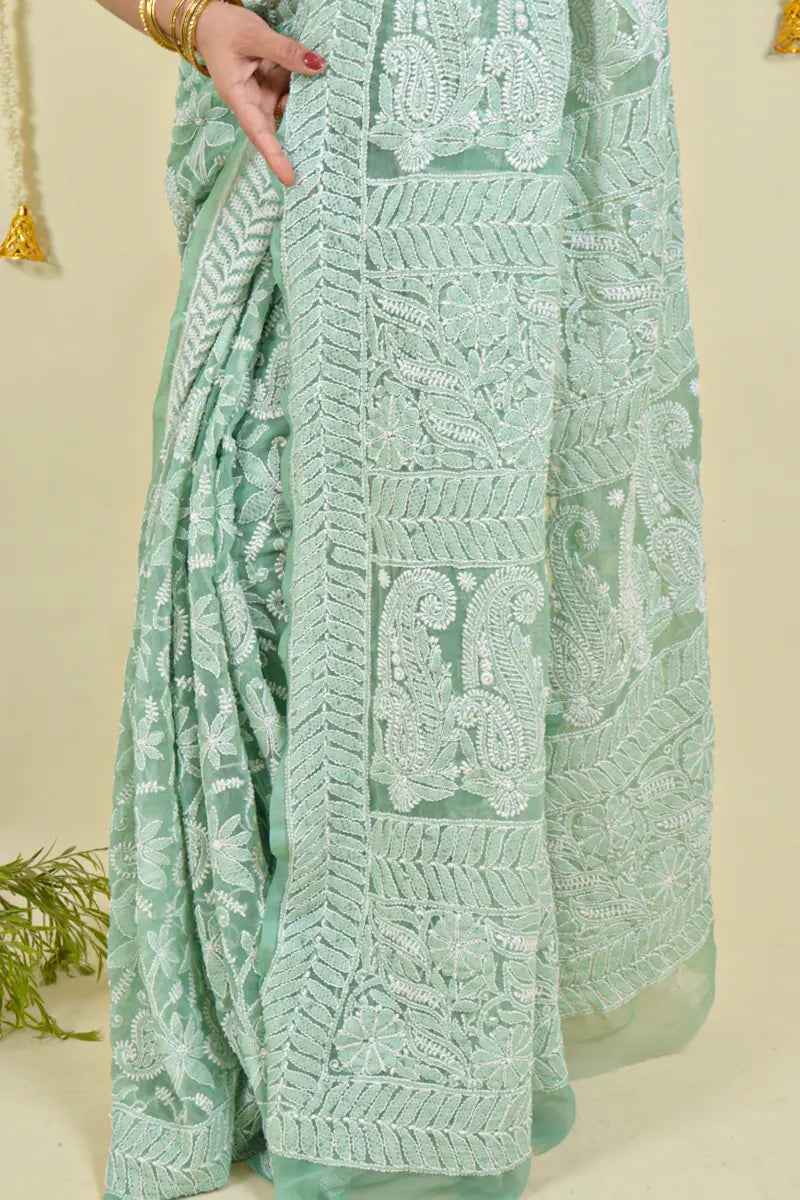 Fabnuma Handcrafted Pista Green Georgette Sequence Pearl Work  Chikankari Saree-Blouse - Fabnuma