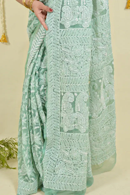 Fabnuma Handcrafted Pista Green Georgette Sequence Pearl Work  Chikankari Saree-Blouse - Fabnuma