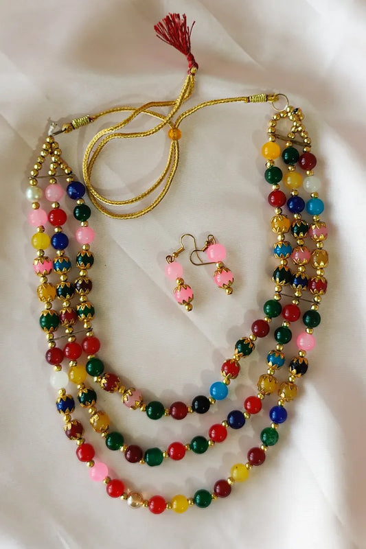 Fabnuma Handcrafted Multi Beaded Layer Neckpiece & Dangle Earrings - Fabnuma