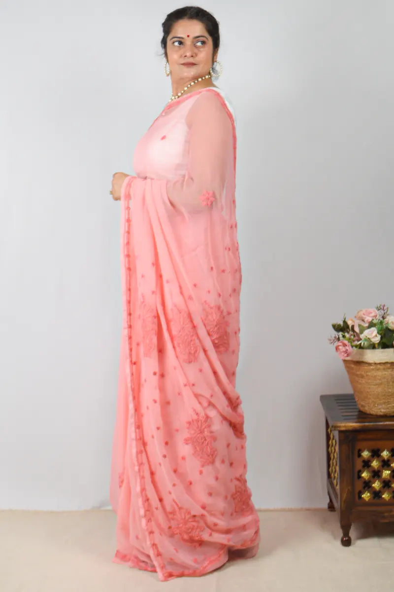 Peach georgette saree with handcrafted Lucknowi Chikankari embroidery and matching blouse – an elegant ethnic wear by MeMaana.