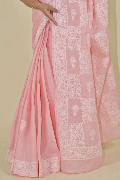 MeMaana Handcrafted Peach Cotton Chikankari Saree-Blouse MeMaana