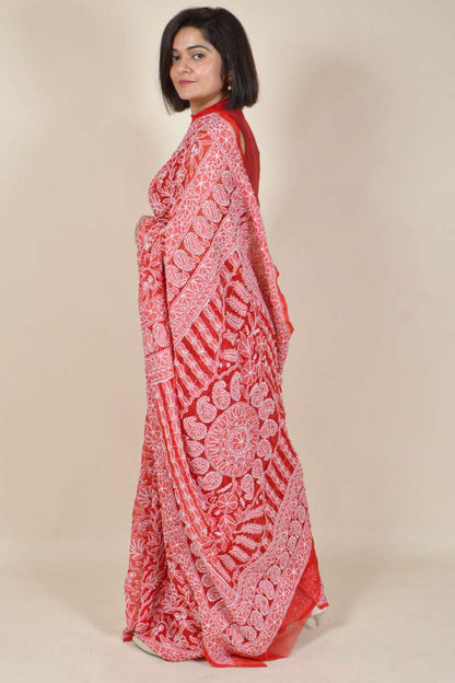 Fabnuma Handcrafted Red Georgette Chikankari Saree-Blouse - Fabnuma