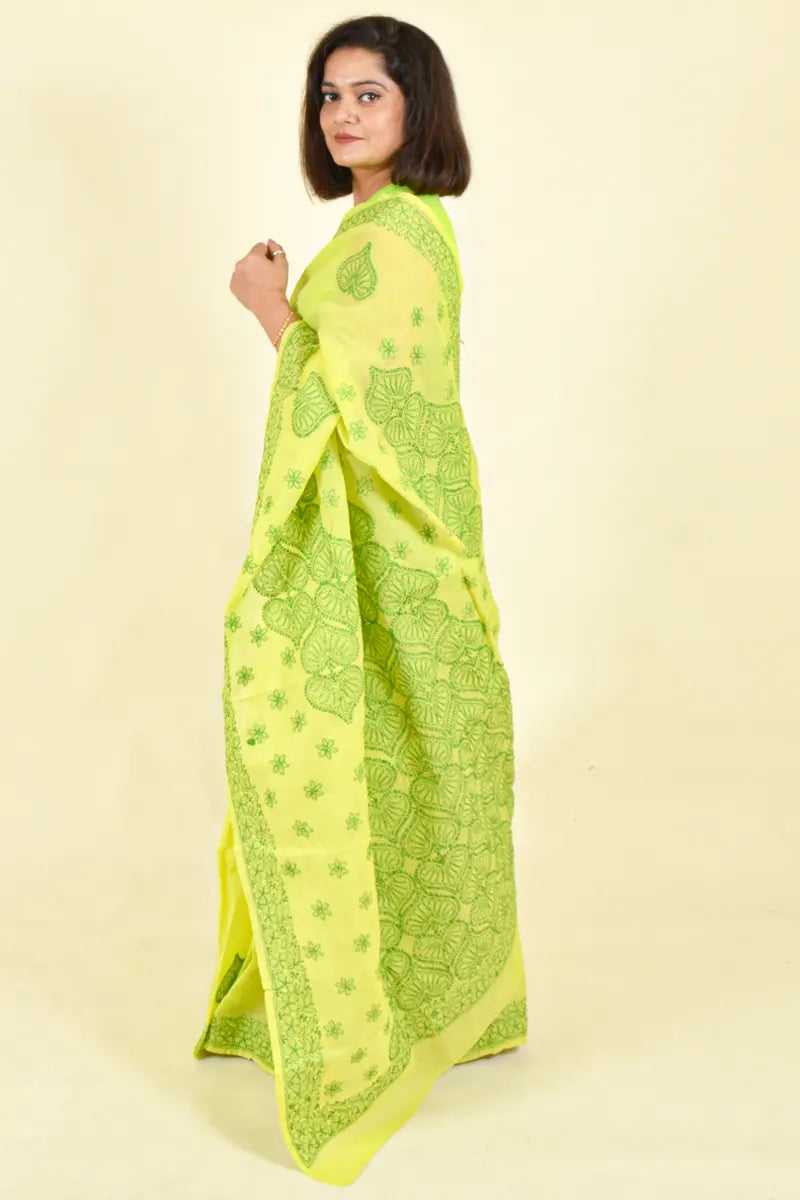 Fabnuma Handcrafted Green Cotton Chikankari Saree-Blouse - Fabnuma
