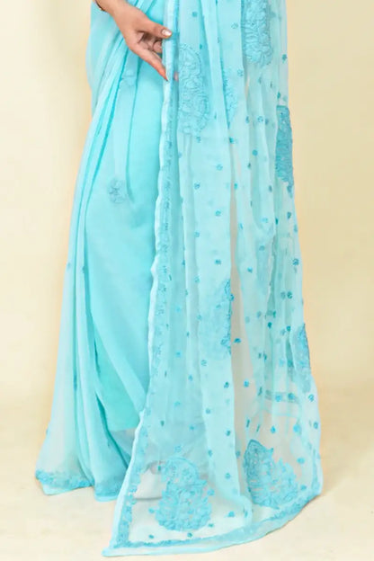 Fabnuma Handcrafted Sky Blue Georgette Chikankari Saree-Blouse - Fabnuma