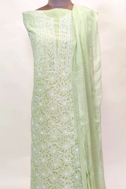 Fabnuma Handcrafted Green Cotton Chikankari 3Pcs Unstiched Suit Set - Fabnuma