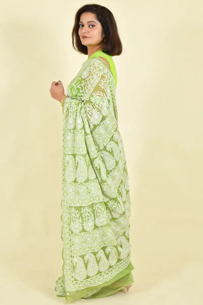 Fabnuma Handcrafted Green Georgette Chikankari Saree-Blouse - Fabnuma