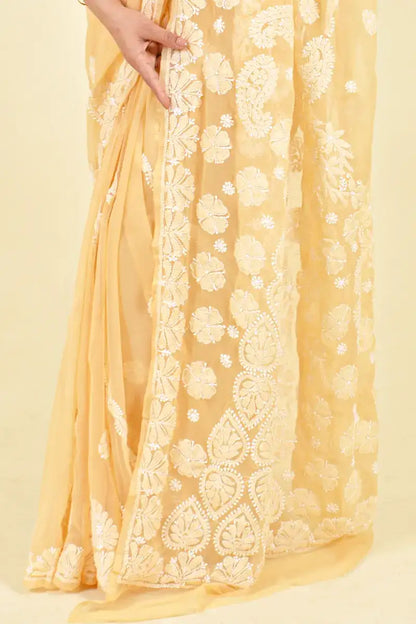 Fabnuma Handcrafted Beige Georgette Chikankari Saree-Blouse - Fabnuma