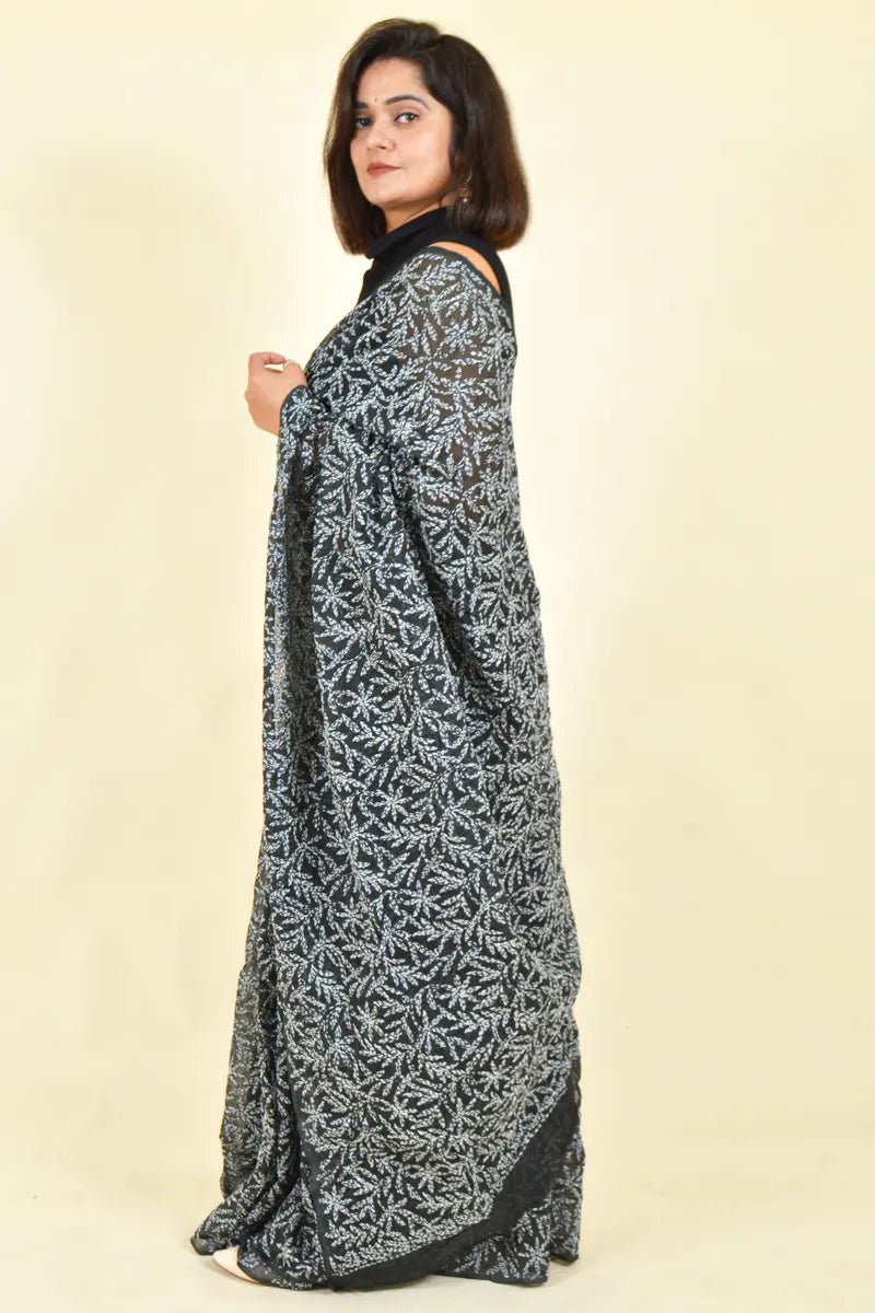 Fabnuma Handcrafted Black Kota Cotton Chikankari Saree-Blouse - Fabnuma