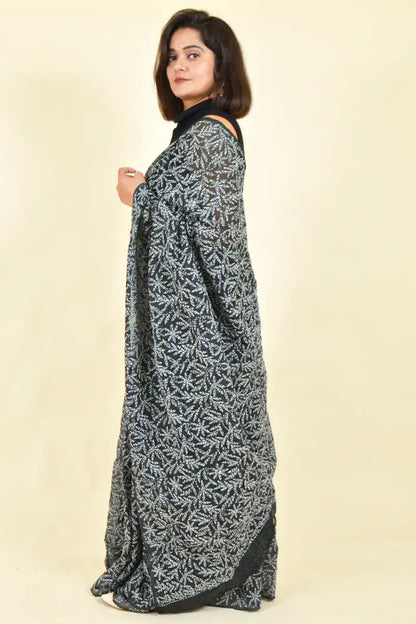 Fabnuma Handcrafted Black Kota Cotton Chikankari Saree-Blouse - Fabnuma
