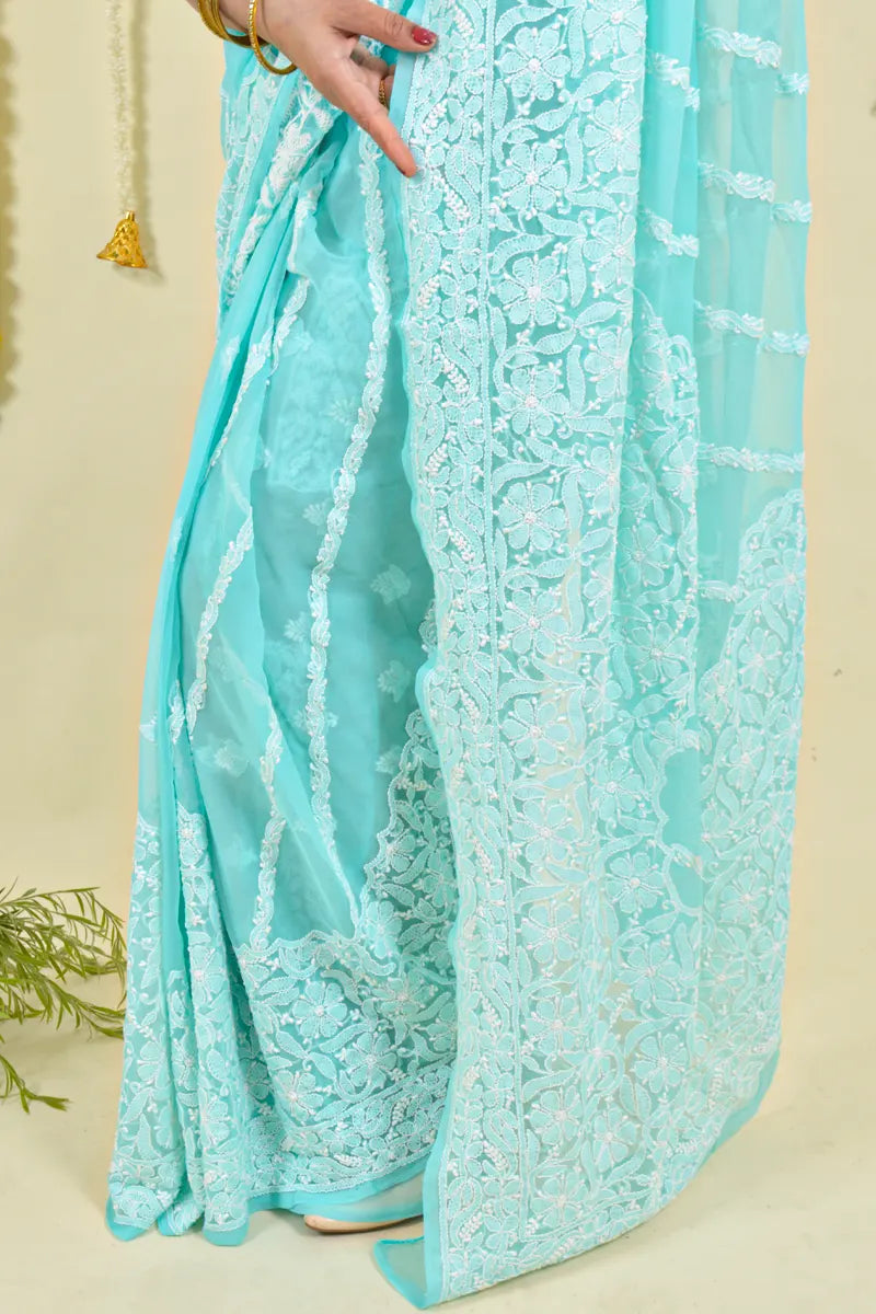 Fabnuma Handcrafted Sea Green Georgette Chikankari Saree-Blouse - Fabnuma