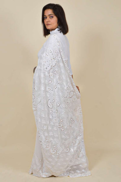 Fabnuma Handcrafted White Viscose Chikankari Saree-Mukesh Work - Fabnuma