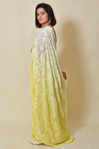 Fabnuma Handcrafted Shaded Lemon Viscose Chikankari Saree-Mukesh Work - Fabnuma