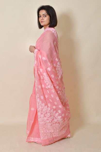 Fabnuma Handcrafted Peach Chikankari Cotton Saree-Blouse - Fabnuma