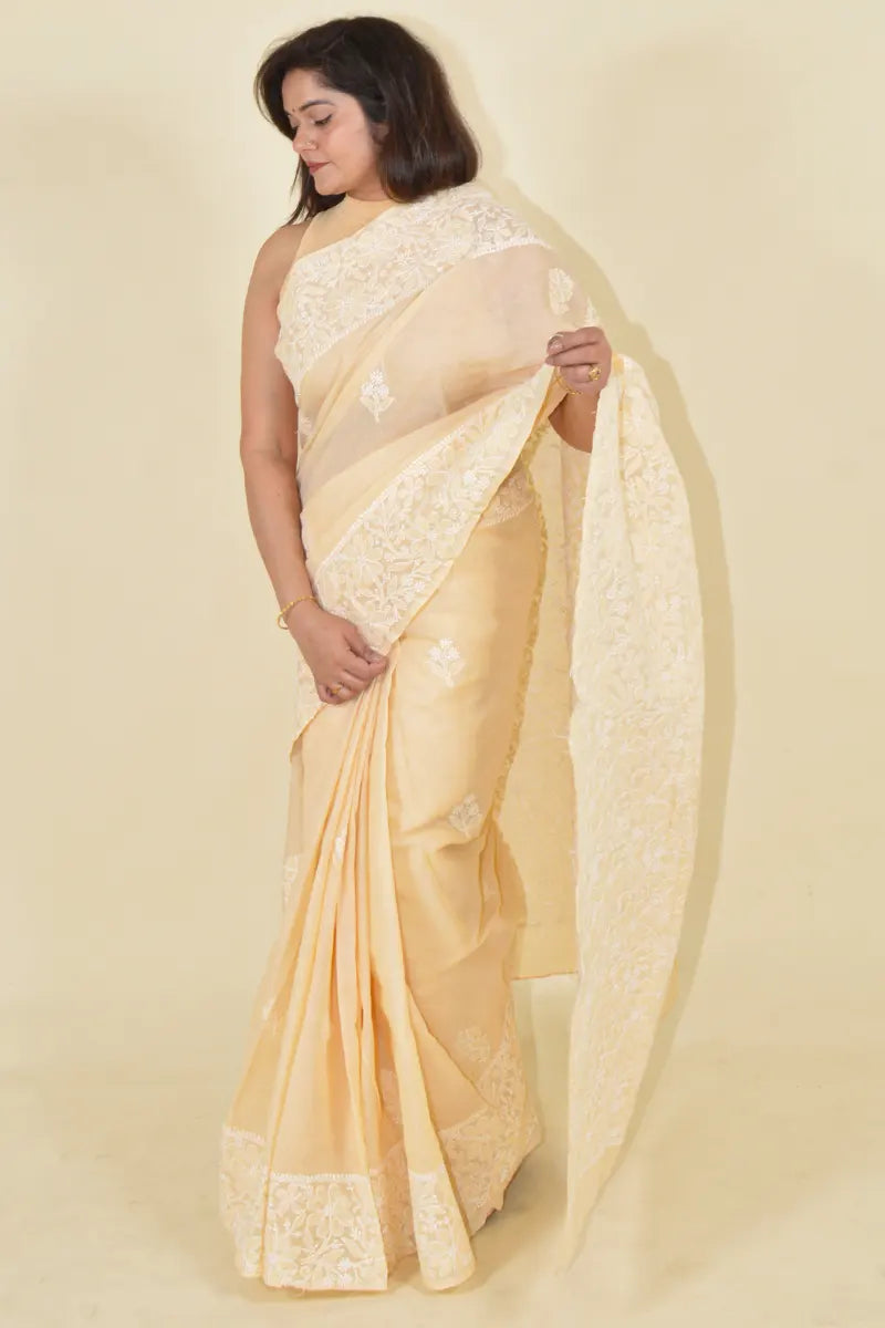Fabnuma Handcrafted Beige Cotton Chikankari Saree-Blouse Fabnuma