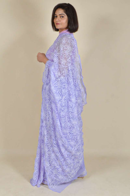 Fabnuma Handcrafted Lavender Georgette Tepchi Chikankari Saree-Blouse - Fabnuma
