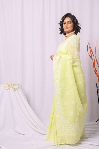 MeMaana Handcrafted Lemon Cotton Chikankari Saree-Blouse MeMaana