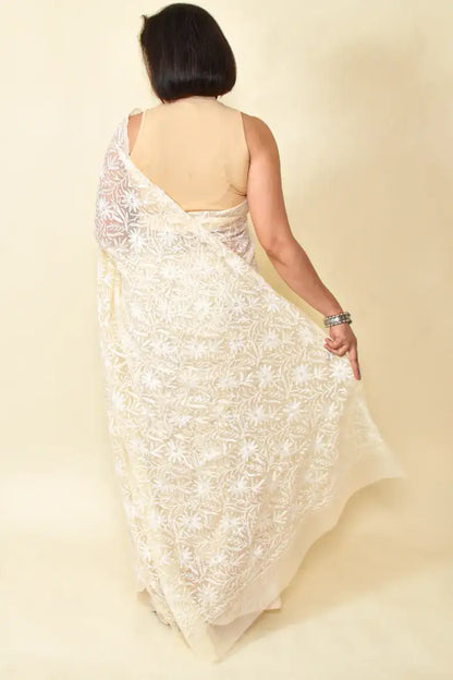 Fabnuma Handcrafted Beige Georgette Tepchi Chikankari Saree-Blouse - Fabnuma