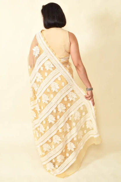 Fabnuma Handcrafted Fawn Georgette Chikankari Saree-Blouse - Fabnuma