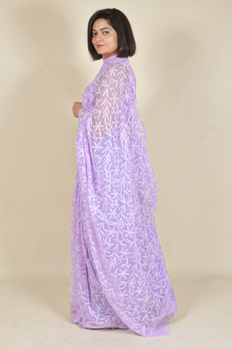 Fabnuma Handcrafted Lavender Georgette Tepchi Chikankari Saree-Blouse - Fabnuma