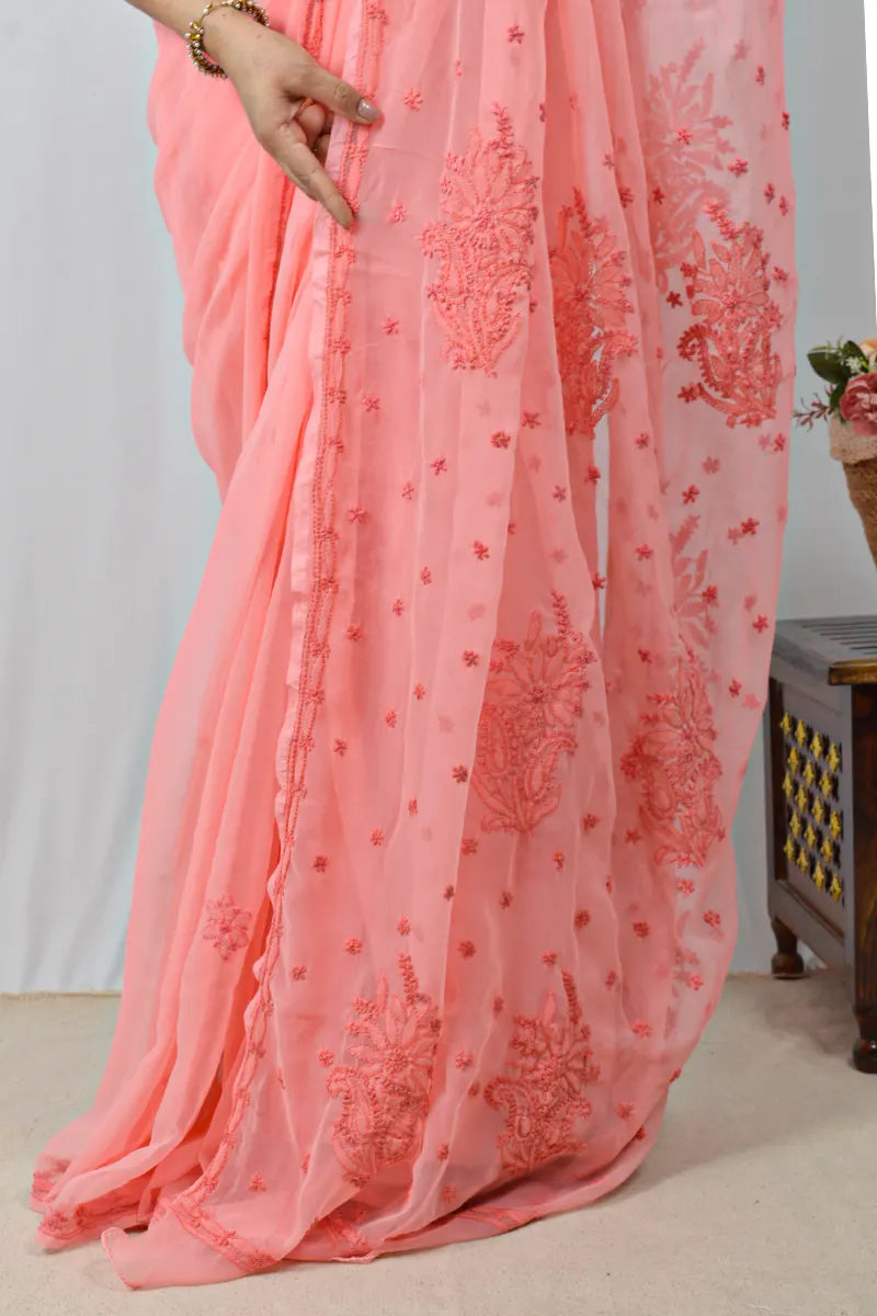 Peach georgette saree with handcrafted Lucknowi Chikankari embroidery and matching blouse – an elegant ethnic wear by MeMaana.