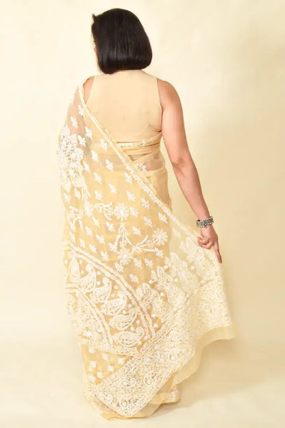 Fabnuma Handcrafted Fawn Georgette Chikankari Saree-Blouse - Fabnuma