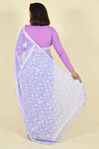 Fabnuma Handcrafted Lavender Georgette Chikankari Saree-Blouse - Fabnuma