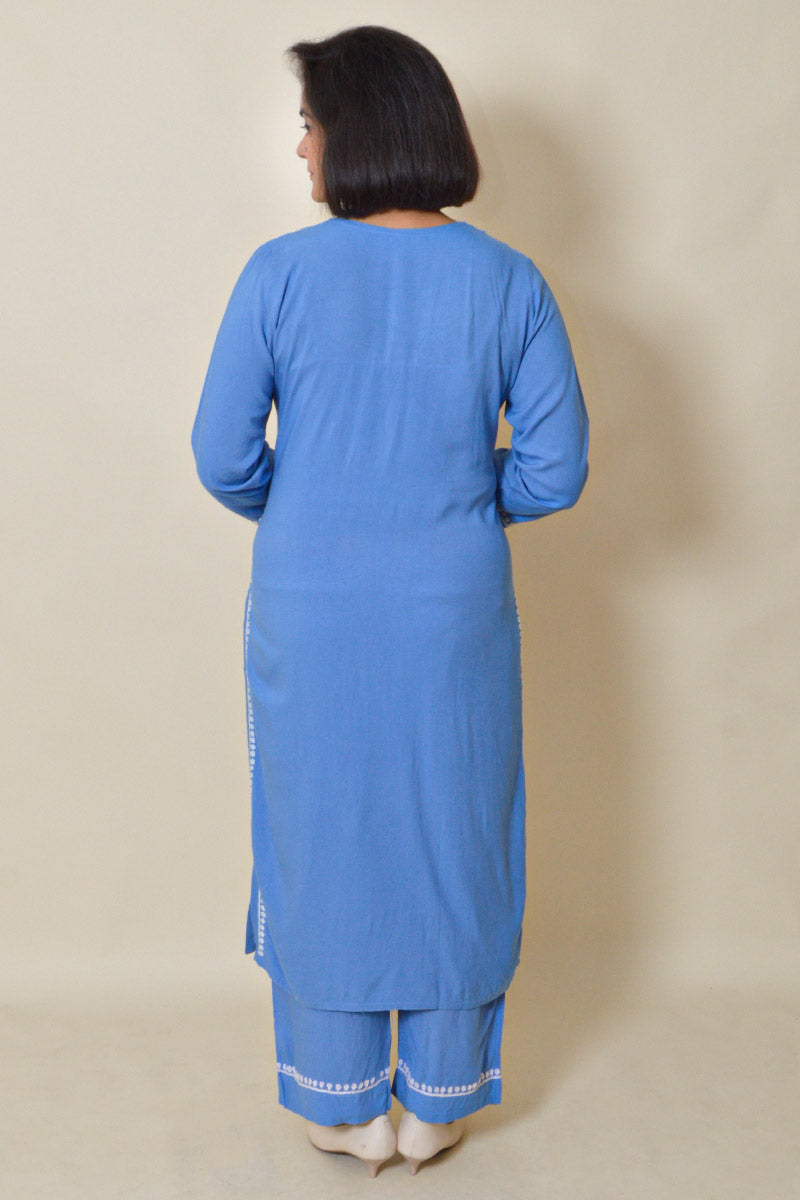 Fabnuma Handcrafted Blue Rayon Cotton Chikankari Kurta Bottom Set - Fabnuma