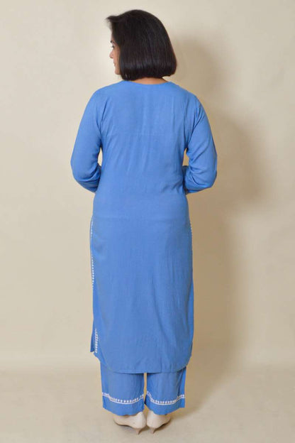Fabnuma Handcrafted Blue Rayon Cotton Chikankari Kurta Bottom Set - Fabnuma