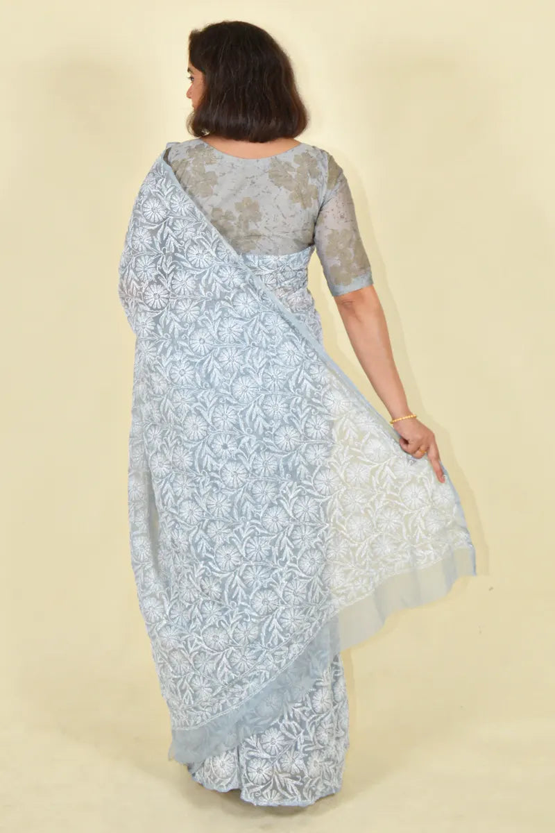 Fabnuma Handcrafted Gray Tepchi Georgette Chikankari Saree-Blouse Fabnuma