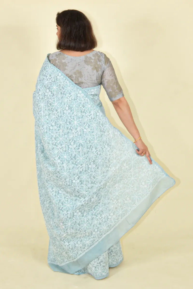 Fabnuma Handcrafted Gray Cotton Chikankari Saree-Blouse - Fabnuma