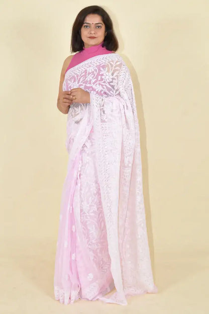 Fabnuma Handcrafted Pink Georgette Chikankari Saree-Blouse - Fabnuma
