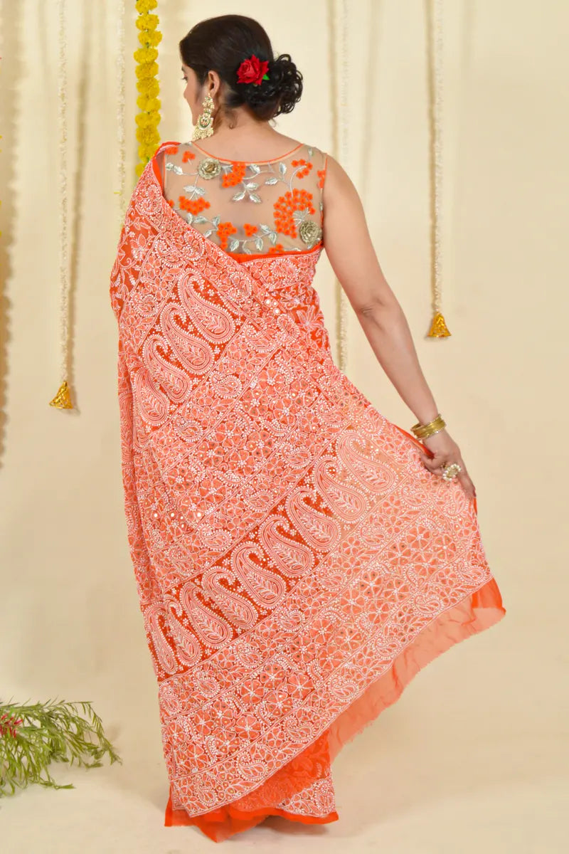 Fabnuma Handcrafted Orange Georgette Chikankari Saree-Blouse Fabnuma