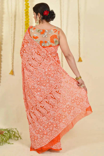 MeMaana Handcrafted Orange Georgette Chikankari Saree With Mukaish Work-Blouse MeMaana