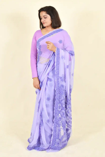 Fabnuma Handcrafted Lavender Georgette Chikankari Saree-Blouse - Fabnuma