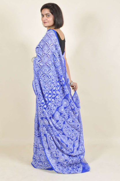 Fabnuma Handcrafted Blue Georgette Chikankari Saree-Blouse - Fabnuma