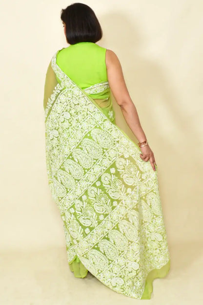 Fabnuma Handcrafted Green Georgette Chikankari Saree-Blouse - Fabnuma