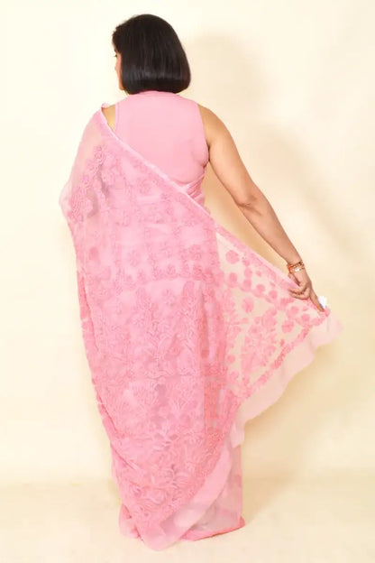 Fabnuma Handcrafted Peach Georgette Chikankari Saree-Blouse - Fabnuma