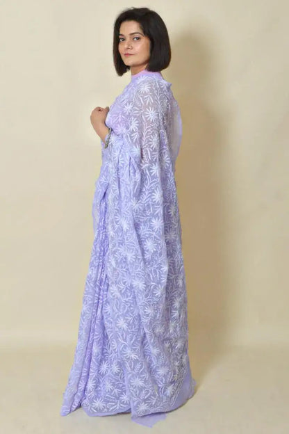 Fabnuma Handcrafted Lavender Georgette Tepchi Chikankari Saree-Blouse - Fabnuma