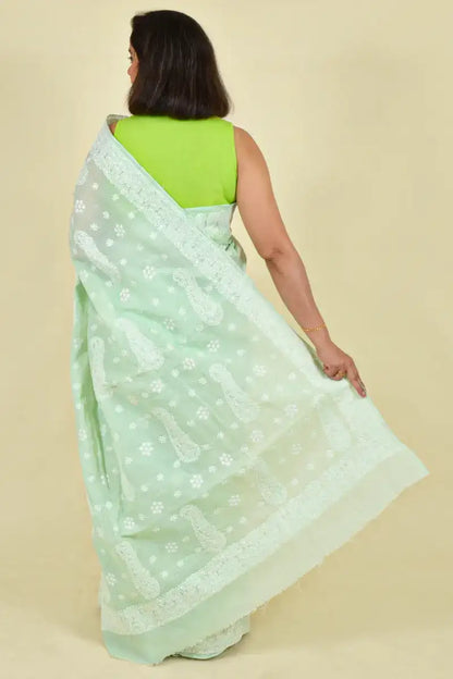 Fabnuma Handcrafted Mint Green Cotton Chikankari Saree-Blouse - Fabnuma