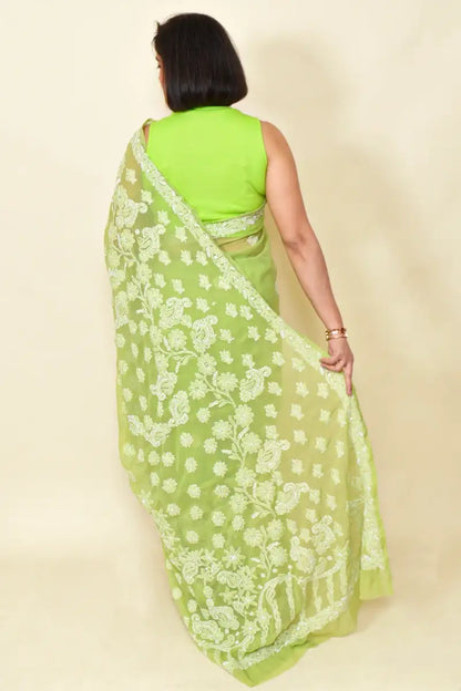 Fabnuma Handcrafted Green Georgette Chikankari Saree-Blouse - Fabnuma