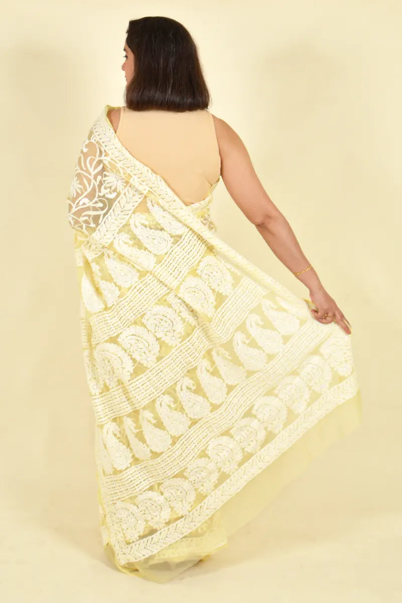 Fabnuma Handcrafted Lemon Georgette Chikankari Saree-Blouse - Fabnuma