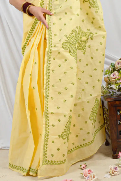 Handcrafted Yellow Cotton Saree with intricate Lucknowi Chikankari Embroidery and a matching Blouse, ideal for Festive and  occasions.