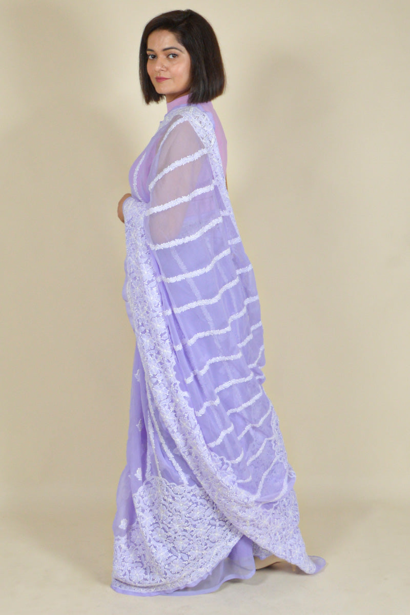 Fabnuma Handcrafted Lavender Georgette Chikankari Saree-Blouse - Fabnuma