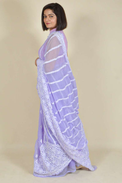 Fabnuma Handcrafted Lavender Georgette Chikankari Saree-Blouse - Fabnuma