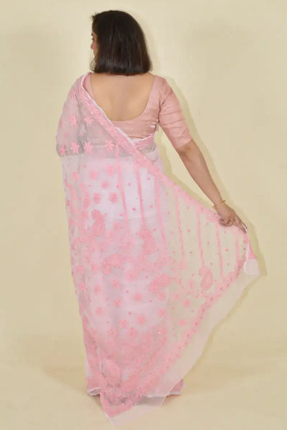 Fabnuma Handcrafted Pink Georgette Chikankari Saree-Blouse - Fabnuma