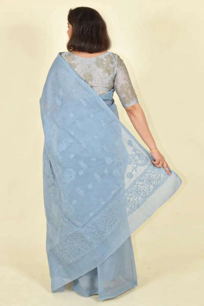 MeMaana Handcrafted Gray Cotton Chikankari Saree-Blouse MeMaana