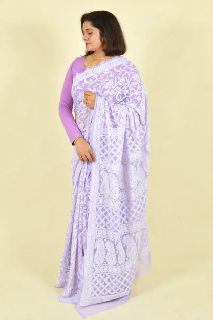 Fabnuma Handcrafted Lavender Georgette Chikankari Saree-Blouse - Fabnuma